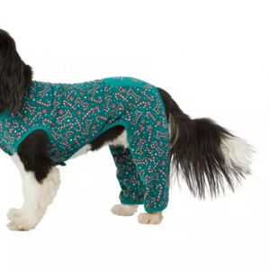 FuzzYard Dog Christmas footless long Pajamas Green Candy Cane Pattern S